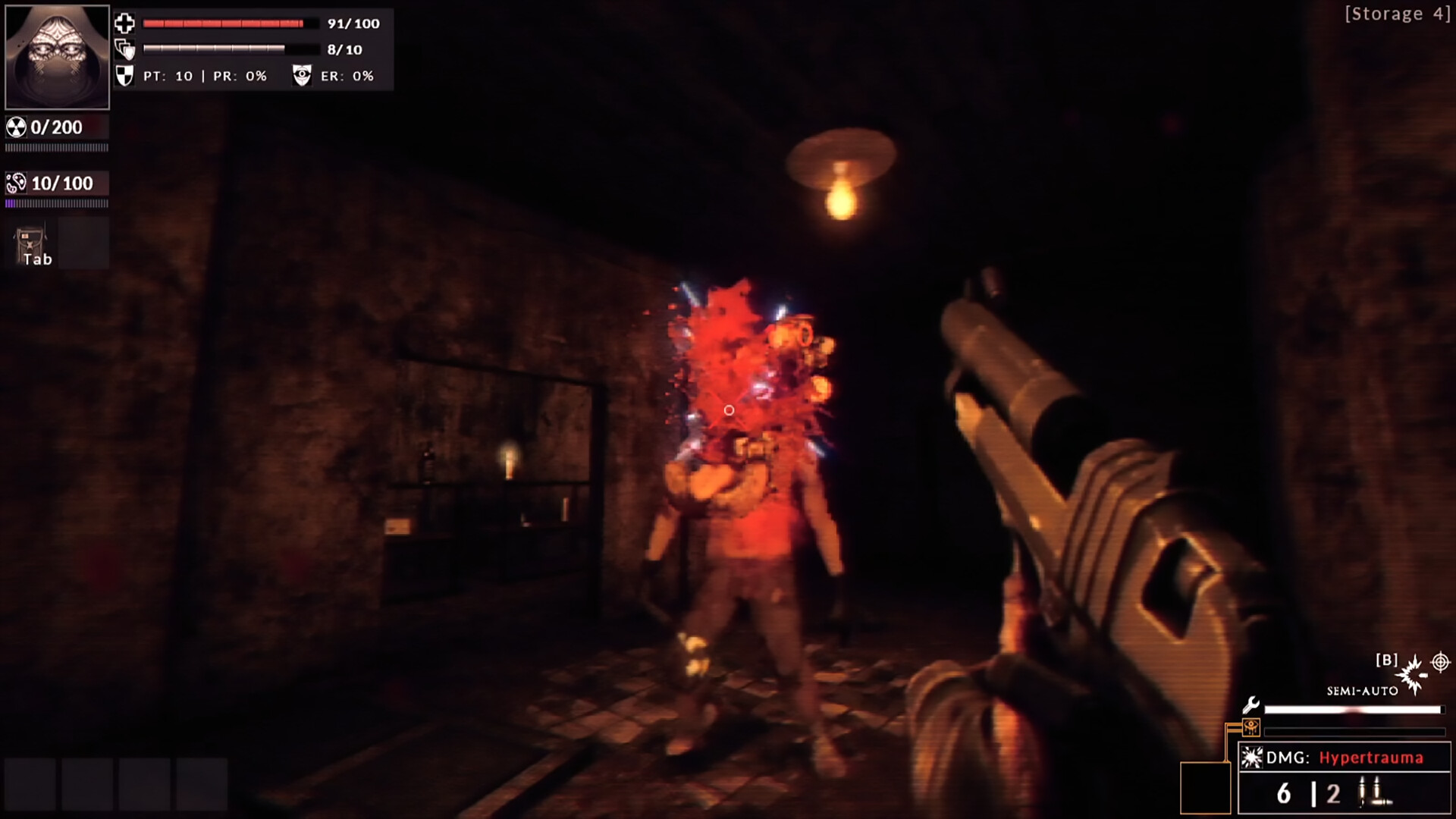 Divine Frequency screenshot: a pistol aimed at a red-headed figure in a dim room.